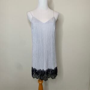 Crinkle Light Grey Slip Dress Black Lace Small